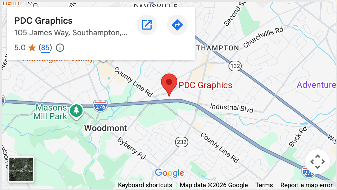 Map showing Paradigm Digital Colors Graphics at 105 James Way, Southampton, PA 18966